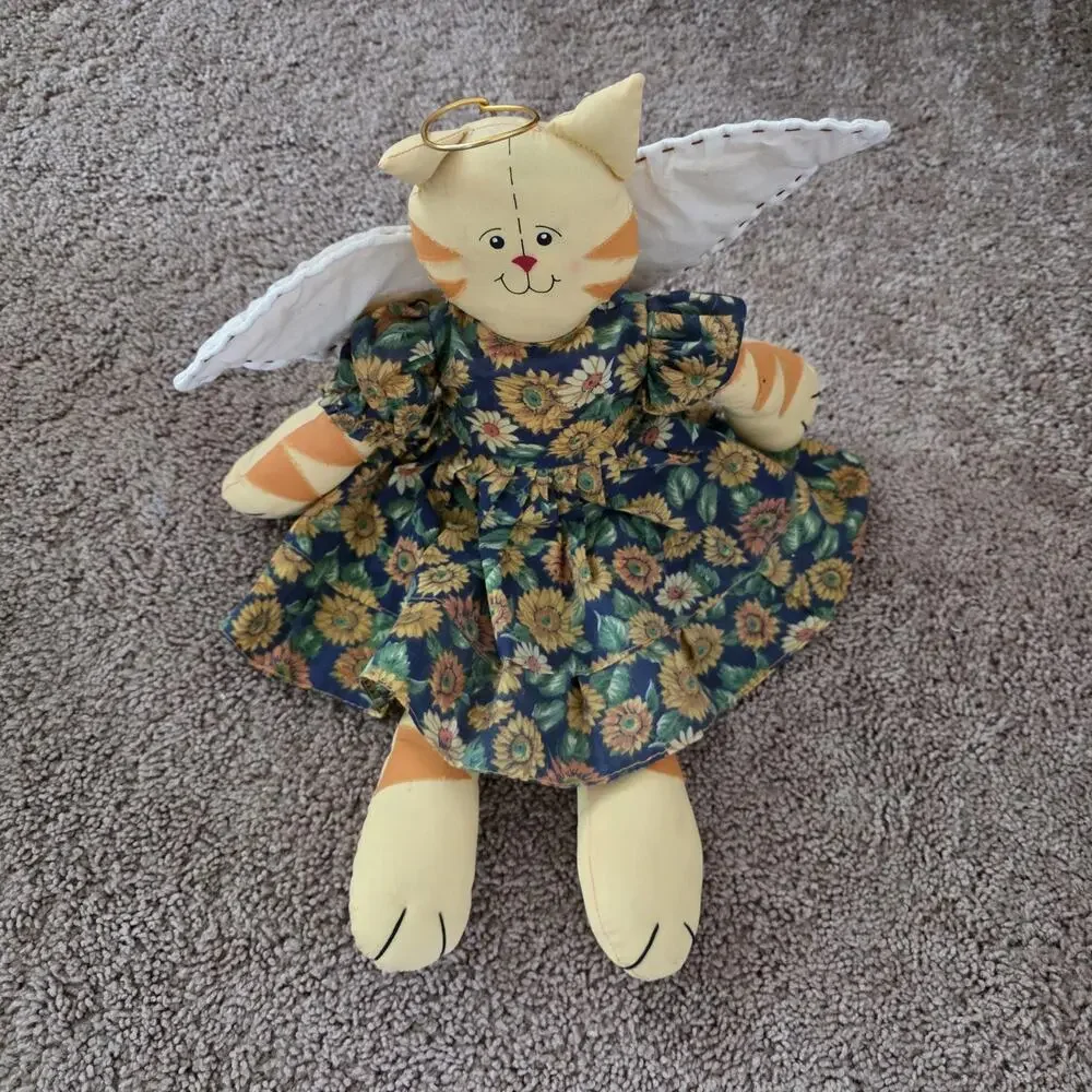Vintage Primitive Kitty Angel Cat Decor Stuffed Sunflower Dress